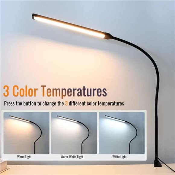 LED Desk Lamp with Clamp, Clamp Light, Tall Desk Lamp with Long Gooseneck, 11W - Picture 3 of 6